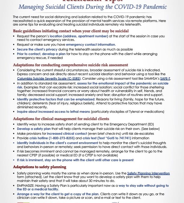 Telehealth Tips: Managing Suicidal Clients During the COVID-19 Pandemic